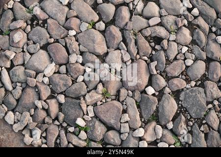 Blick von oben auf das Steinstraßenfragment. Trockenland mit Steinen. Abstrakter, natürlicher strukturierter Hintergrund. Steine und Kieselsteine auf dem Boden. Stockfoto