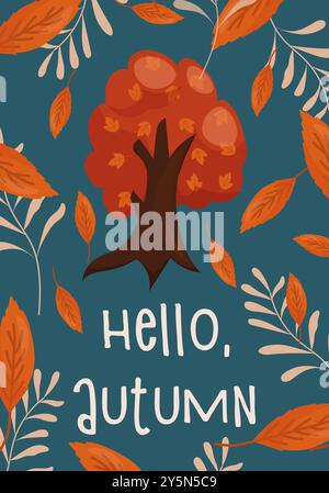 Hallo Herbst Vektor Illustration. Ein Baum mit einer orangefarbenen Krone, orangefarbene Blätter auf blauem Hintergrund. Für Postkarten, Poster und Banner Stock Vektor