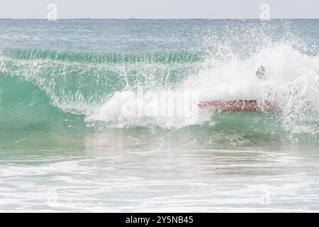 Ein Surfer-Surfbrett ist auf der Welle am Strand Farol da Barra in Salvador, Bahia, zu sehen. Stockfoto