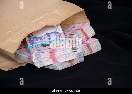 Bündel ukrainischer Griwna liegen in einer Papiertüte auf schwarzem Hintergrund, Geld und Gewinn, 200 Griwna in Bündeln Stockfoto