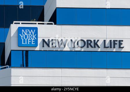 Nahaufnahme des New Yorker Lebensschilds auf dem Gebäude in San Jose, Kalifornien, USA Stockfoto
