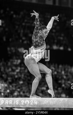 Simone Biles USA) tritt bei den Olympischen Sommerspielen 2024 beim Women's Gymnatics Team an. Stockfoto