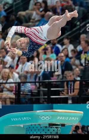 Jade Carey (USA) trat im Tresor beim Finale des künstlerischen Gymnastik Women's Team bei den Olympischen Sommerspielen 2024 an. Stockfoto