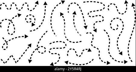 Satz schwarzer handgezeichneter Pfeile mit gepunkteten Linien. Kollektion gekrümmter gestrichelter Zeiger im Doodle-Stil. Richtungs-, Orientierungs- oder Cursorzeichen sind auf weißem Hintergrund isoliert. Vektorgrafik. Stock Vektor