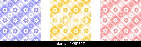Set aus karierten Mustern mit Blumen. Texturen für Picknickkissen im Frühling oder Sommer, Tischtuch, Serviette oder Decke. Stoffhintergründe mit niedlichem Gingham-Muster. Illustration der Vektorabwicklung. Stock Vektor