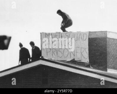 GEFANGENE PROTESTIEREN AUF DEM DACH DES GEFÄNGNISSES VON ALBANY, ISLE OF WIGHT. PLAKAT LIEST. GEFÄNGNISREFORM, PARITÄT MIT IRISCHEN GEFANGENEN. PIC MIKE WALKER, 1983 Stockfoto