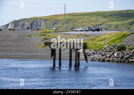 Verlassene baufällige Brückenstützen in St. Vincent's–St. Stephen's-Peter's River, Neufundland & Labrador, Kanada Stockfoto