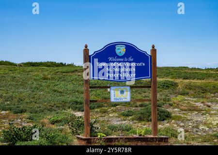 Willkommen in der Stadt St. Vincent's-St. Stephen's-Peter's River Schild auf NL 10 in Neufundland & Labrador, Kanada Stockfoto