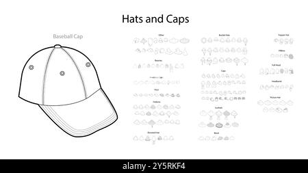 Bündel von Hüten in verschiedenen Stilen mit Namentext – Fedora Picture Mützen, Sunhats Baskenmütze mit Eimervisier. Kopf Mode Accessoire Kappe technische Illustration. Vektor für Männer, Frauen, Stil, flache Vorlage Stock Vektor