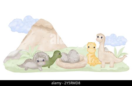 Landschaft mit kleinen Dinosauriern. Feld mit einem Berg mit einem Nest mit Eiern. Aquarellkomposition für Kinder. Digitale Illustration. Stockfoto