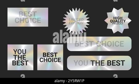 Holografische Aufkleber Logos Emblem Etiketten Farbset. Brillante Grundlage. Zur Verpackung von Werbematerial. Aufkleber für Kleidung oder Accessoires. Vektorabbildung. Stock Vektor