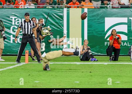 Tampa, Florida, USA. September 2024. Der South Florida Bulls Wide Receiver JEYQUAN SMITH (19) versucht, während des College Football-Spiels zwischen den Miami Hurricanes und den South Florida Bulls am 21. September 2024 im Raymond James Stadium in Tampa, FL, einen Punt von der Endzone abzuhalten. (Kreditbild: © Israel Anta via ZUMA Press Wire) NUR REDAKTIONELLE VERWENDUNG! Nicht für kommerzielle ZWECKE! Stockfoto