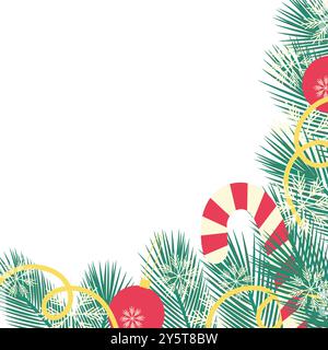 Tannenzweige mit gestreiftem Zuckerrohr, Spiraldekoration und Weihnachtsspielzeug Eckrahmen. Isolierte Vektor-Illustration Schriftschablone, Karten, Poster, Prospekt, Banner, Tag oder Web, Werbeaktion Stock Vektor