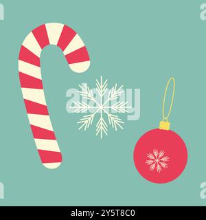 Gestreifter Zuckerrohr, Schneeflocke und Weihnachtsbaumspielzeug am Seil. Neujahrsgruß Design-Elemente-Idee. Isolierte Vektor-Illustration Thematische Karten, Gruß oder Einladung, Poster, Banner oder Web, Werbeaktion Stock Vektor
