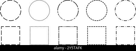 Schwarze gestrichelte Rahmenkollektion. Gestrichelte Umrisskreise und quadratischer Rahmen festgelegt. Rechteckige und runde Packung mit geometrischen Punkten. Design-Bundle mit Ausschnittelementen für Poster, Banner, Flyer. Vektor Stock Vektor