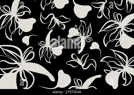 Eine weiche weiße abstrakte Blüte bildet einen scharfen Kontrast zu einem schwarzen Hintergrund. Das schafft einen auffälligen Eindruck. Mit dunklem monochromatischem Blumenmuster Vektor und Stock Vektor