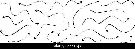 Schwarz gepunktete Pfeile gesetzt. Kollektion mit gewellten und geschwungenen gestrichelten Pfeilen. Skizzieren Sie skizzierte dünne Zeiger und Richtungslinien. Punktmuster-Bündel mit Streifendesign für Flyer, Poster, Broschüre. Vektor Stock Vektor