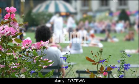 New York City, Manhattan Midtown Bryant Park mit öffentlicher Bibliothek, 42 Street und 5th Fifth 5 Avenue Ecke, USA. NYC Wahrzeichen in den USA. Stuhl und Tisch im Sommergrün. Menschen auf Gras. Stockfoto