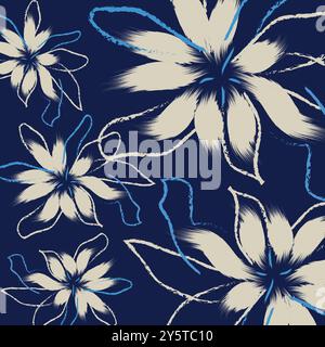 Das Muster zeigt große, kräftige Blumen. Eine tropische zweifarbige Textil-Blume mit Blumenmuster und hinterlässt Textilerkleidung mit geometrischem Minidruck Stock Vektor