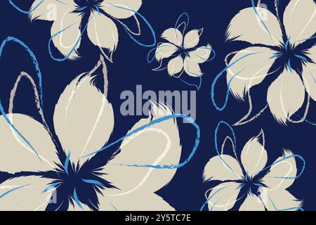 Die Blüten stehen vor einem tiefmarineblauen Hintergrund. Nahtlose Handzeichnungen. Weiches blaues und graues florales Textil-Vektordesign Stock Vektor