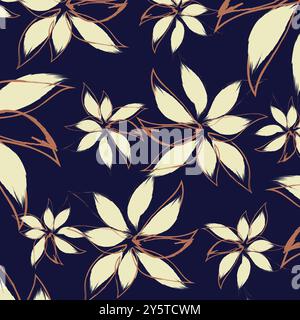 Eine braune Umrandung vor einem dunklen marineblauen Hintergrund. Das Design umfasst Blumen in verschiedenen Größen und Ein Blumenmuster mit stilisierten cremefarbenen Blumen Stock Vektor