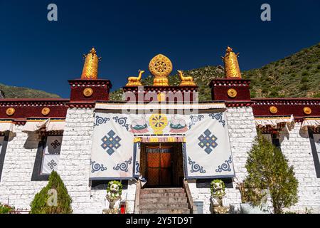 Goldenes Rad des Dharma und Hirschskulpturen auf dem Dach des heiligen Tempels, Tibet, China, Asien Stockfoto