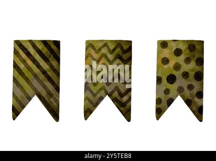 Entdecke stylische grüne Banner mit leuchtenden Streifen, Chevrons und verspielten Polka Dots für deine kreativen Projekte. Isolierte Objekte auf einem bunten abstrakten Hintergrund für die Gestaltung von Websites, Artikeln, Booklet, Flyer, E-Pack, Etikett oder Werbung. Digitale Kunst im Aquarellstil. Stockfoto