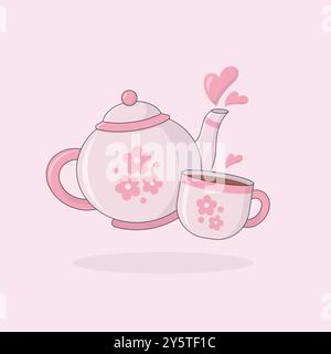 Illustration des Teezeitvektors. Niedliche Teekanne und Tasse gefüllt mit Tee mit Blumenmustern und Herzen auf rosa Hintergrund. Stock Vektor
