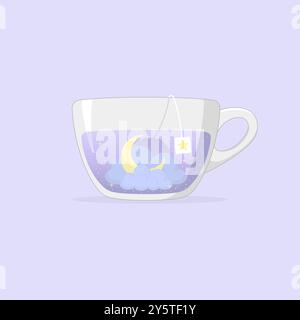 Traumtee abstrakte Vektor-Illustration. Tasse Tee mit Nachthimmel, Wolken, Sternen und Halbmond innen auf lilafarbenem Hintergrund. Stock Vektor