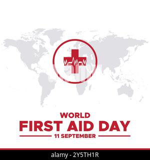 World First Aid Day, 11. September, Vorlage für erste-Hilfe-soziale Medien, Illustration, Vektordatei. Grußkarte, Banner, Anzeigen zum Welttag der ersten Hilfe. Stock Vektor