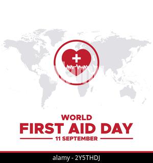 World First Aid Day, 11. September, Vorlage für erste-Hilfe-soziale Medien, Illustration, Vektordatei. Grußkarte, Banner, Anzeigen zum Welttag der ersten Hilfe. Stock Vektor