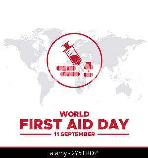 World First Aid Day, 11. September, Vorlage für erste-Hilfe-soziale Medien, Illustration, Vektordatei. Grußkarte, Banner, Anzeigen zum Welttag der ersten Hilfe. Stock Vektor