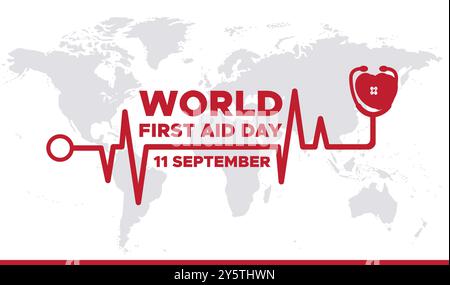 World First Aid Day, 11. September, Vorlage für erste-Hilfe-soziale Medien, Illustration, Vektordatei. Grußkarte, Banner, Anzeigen zum Welttag der ersten Hilfe. Stock Vektor