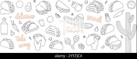 Tacos Outline Set. Imbiss zum Mitnehmen. Tacos mit Fleisch, Gemüse und Tortilla. Traditionelles mexikanisches Fast Food. Vektorabbildung Stock Vektor