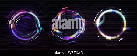 Kreisförmiger Rahmen mit Glitzer- und Neonlicht-Effekt. Digitale runde, geometrische Lichteinfassung mit Vintage-vhs-Verzerrung. Realistische Vektor-Illustration Set der Ringform mit gebrochenem Retro tv Bug Design. Stock Vektor