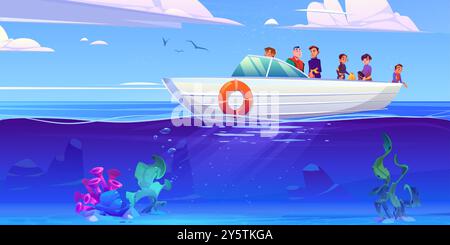 Leute an Bord einer Yacht. Vektor-Karikaturillustration von glücklichen Kindern und Vätern, die Seereise am Sommertag genießen, Unterwasseruntersicht mit Algen, Steinen und Blasen, Vögel fliegen in den Himmel Stock Vektor
