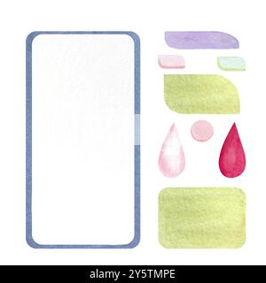 Ein mobiler App-Konstruktor mit Bedienfeldern und Schaltflächen, Bluttropfen zur Verfolgung von Menstruationsperioden, Aquarellset isoliert auf weiß. Ein leeres Smartphone Stockfoto