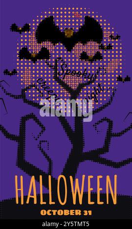 Halloween-Party-Poster gruseliger dunkler Baum, Mond, Fledermäuse, Silhouette Stock Vektor