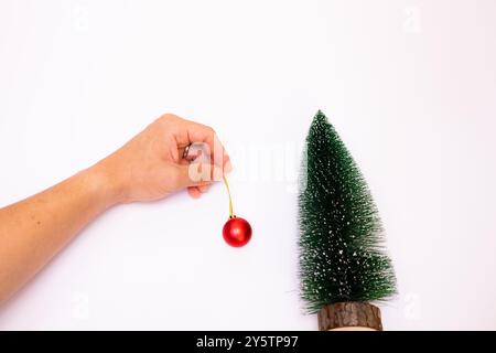 Männliche Hand legt rote Weihnachtskugel auf einen kleinen Weihnachtsbaum auf weißem Hintergrund Stockfoto