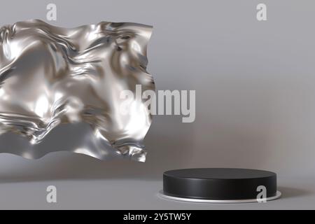 Luxuriöses Podium mit fließender abstrakter Metallic-Form. Ideal, um hochwertige Waren auf anmutige und raffinierte Weise hervorzuheben. Leere Szene. Stufe Stockfoto