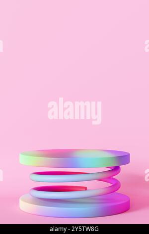 Verspieltes Podium im Regenbogen. Ideal zum Hervorheben von Produkten und Spielzeug. Leere Szene. Bereitstellen oder Anzeigen für Promotions. Rosa, vertikaler Hintergrund. Farbe Stockfoto