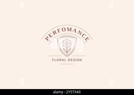 Schöne natürliche Blume in Schildlinie Art Logo Design Vorlage für Schönheitssalon Vektor Illustration. Elegantes Blumenblatt mit Blütenblättern und botanischem Blatt Stock Vektor
