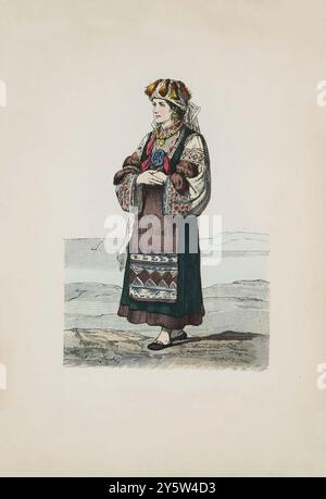 Vintage-Illustration von Morlach Girl (Brautkostüm) aus Istrien. Historische und volkstümliche Kostüme. Deutschland. 1881 Morlachs ist ein Exonym für eine ländliche christliche Gemeinde in Herzegowina, Lika und dem dalmatinischen Hinterland. Stockfoto