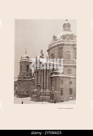 Vintage-Foto der Dominikanerkirche in Lemberg (Lemberg). 1917 die Dominikanerkirche und das Dominikanerkloster (romanisiert: Dominikanskyi kostel i monastyr, Polnisch: Kościół i klasztor Dominikanów we Lwowie) in Lemberg, Ukraine, befindet sich in der Altstadt östlich des Marktplatzes. Sie wurde ursprünglich als römisch-katholische Fronleichnamskirche erbaut und dient heute als griechisch-katholische Kirche der Heiligen Eucharistie. Stockfoto