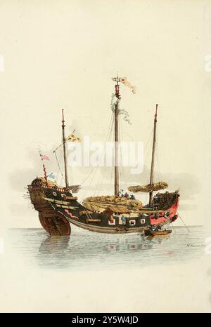 China der Qing-Periode. Vintage-Illustration des chinesischen Handelsschiffes. 1805 diese Schiffe fahren bis nach Manilla, Japan und sogar Batavia, dem entferntesten Hafen, den sie besuchen, und viele von ihnen sind von 800 bis tausend Tonnen Burthen. Auf diesen Reisen nehmen die Seefahrer die gemäßigte Jahreszeit ein und halten sich, obwohl sie mit der Verwendung des Kompasses vertraut sind, in der Regel in Küstennähe. Das Heck dieses Schiffes fällt schräg ein; andere Schiffe sind mit einem Hohlraum geformt, in dem das Ruder vor der Gewalt des Meeres verteidigt wird; doch diese Konstruktion unterzieht sich sicherlich Stockfoto