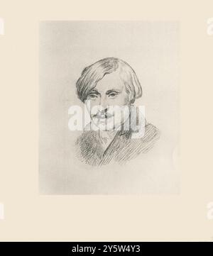 Porträt von Nikolai Gogol. Gemälde von Alexander A. Iwanow, Bleistift, 1847, Rom. (Sammlung von Gogols Porträts, Moskau. Nikolai Wassiljewitsch Gogol (1909 1809–1852) war ein großer russischer Schriftsteller, Kurzgeschichten-Autor und Dramatiker ukrainischer Herkunft. Stockfoto