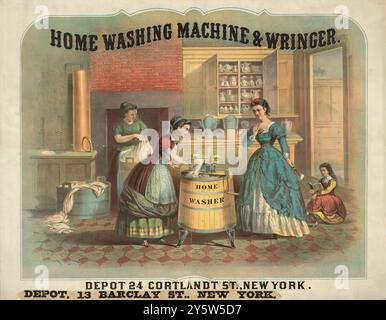 Waschmaschine und Waschmaschine. New York. 1869 Print zeigt eine Innenansicht einer Küche mit einer Frau, die eine Waschmaschine verwendet, während ihr Arbeitgeber zusieht. Im Hintergrund wäscht eine andere Frau Kleidung in einer Waschwanne. Stockfoto