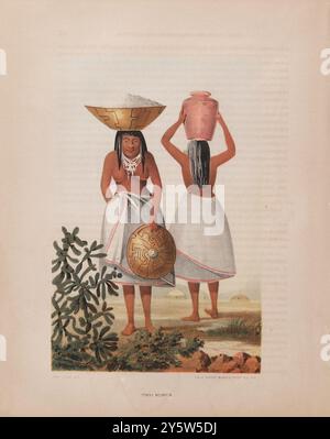 Indianische Völker. PIMO-Frauen (Akimel O'odham). 1857 die Akimel O’Odham (O’Odham für „Flusspopfer“), auch Pima genannt, sind eine Gruppe von Indianern, die in einem Gebiet leben, das aus dem heutigen zentralen und südlichen Arizona sowie aus dem Nordwesten Mexikos in den bundesstaaten Sonora und Chihuahua besteht. Die Mehrheit der beiden heutigen Bänder der Akimel O’odham in den Vereinigten Staaten besteht aus zwei Reservaten: Der Keli Akimel Oʼodham in der Gila River Indian Community (GRIC) und der On'k Akimel O’odham in der Salt River Pima-Maricopa Indian Community (SRPMIC). Stockfoto