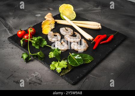 Zutaten für die Herstellung von Tom Yum Kung. Zitronengras, Chili-Pfeffer, Ingwer, Galgant, Limette, Koriander, Kirschtomaten und rohe Garnelen wieder auf einem schwarzen Teller Stockfoto