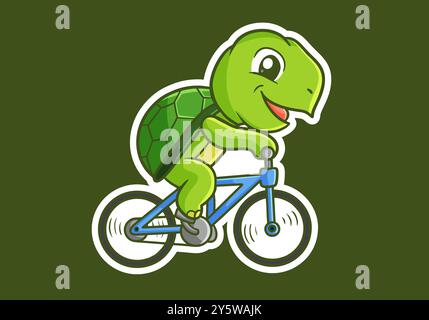 Niedliche Schildkröte auf einem Fahrrad Maskottchen Figur Illustration Design Stock Vektor